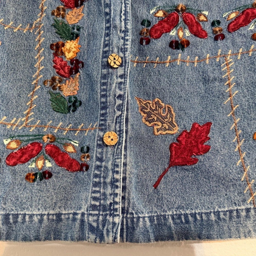 Vtg Embroidered Button Front Denim Vest Medium Leaves Patchwork Velvet Fall - Picture 4 of 8